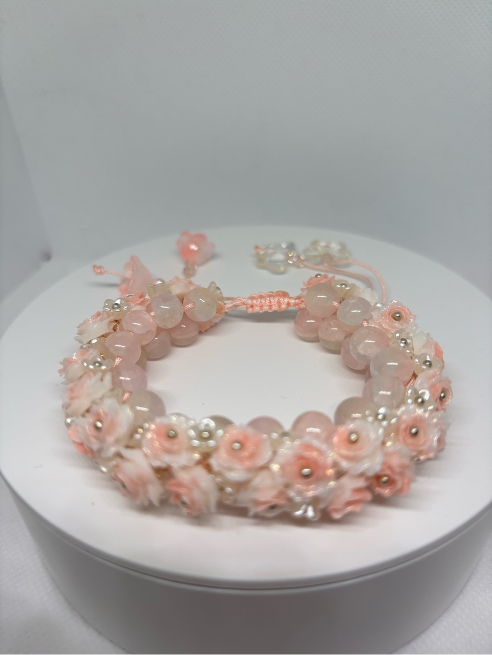 Hand crafted  one of a kind Pink Floral and glass  Beaded Bracelet